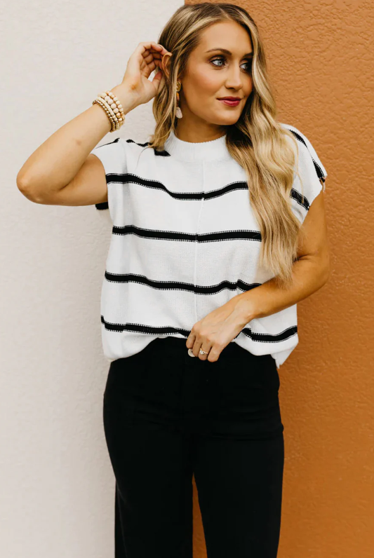 White/Black Striped Batwing Sleeve Sweater Tee