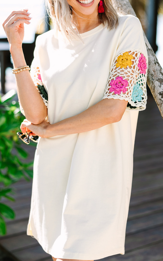 Ivory Floral Crochet Splicing Sleeve T Shirt Dress