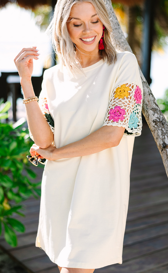 Ivory Floral Crochet Splicing Sleeve T Shirt Dress