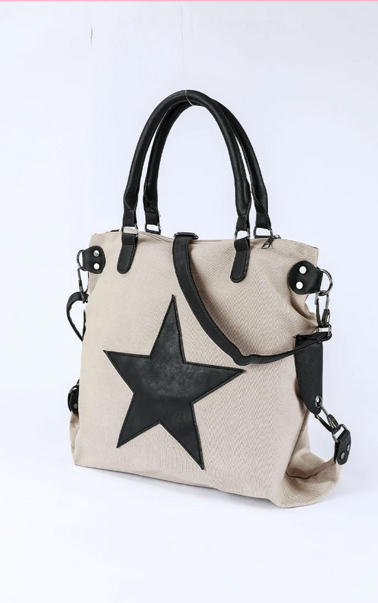 Beige Casual Five-pointed Star Canvas Handbag