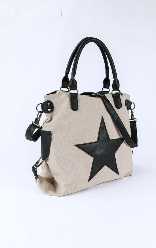 Beige Casual Five-pointed Star Canvas Handbag