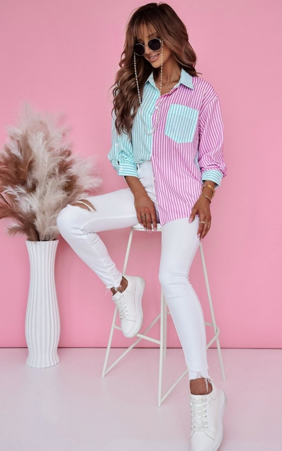 Green/Pink Contrast Striped Print Shirt