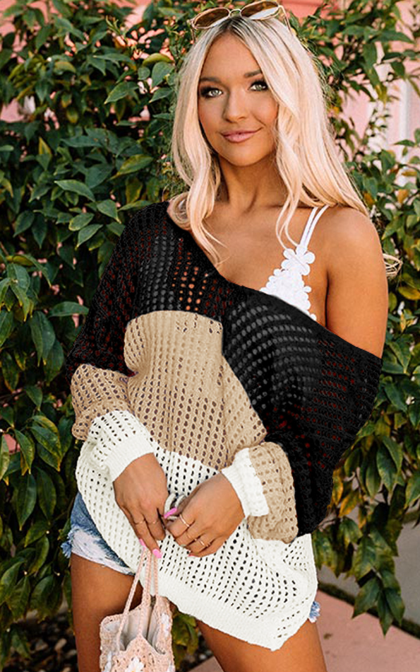 Beautiful Color Block Eyelet Long Sleeve Twisted Back Knit Top