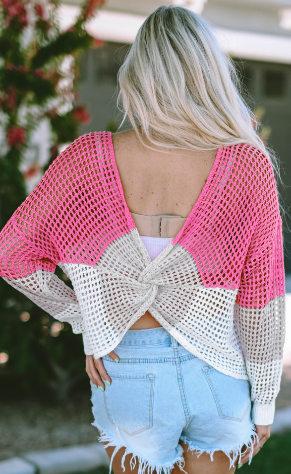 Beautiful Color Block Eyelet Long Sleeve Twisted Back Knit Top
