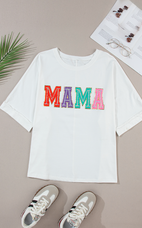 White MAMA Chenille Patched Crew Neck T Shirt