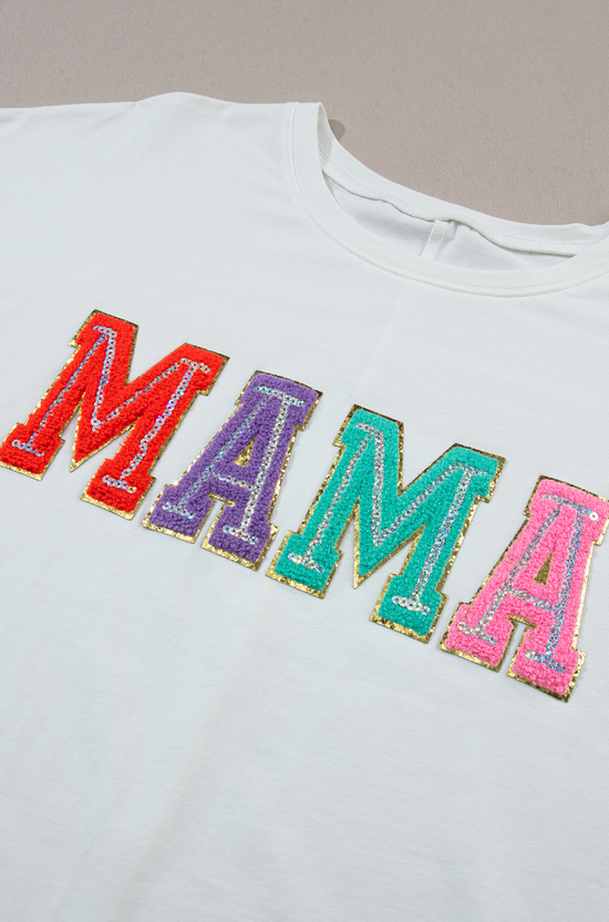 White MAMA Chenille Patched Crew Neck T Shirt