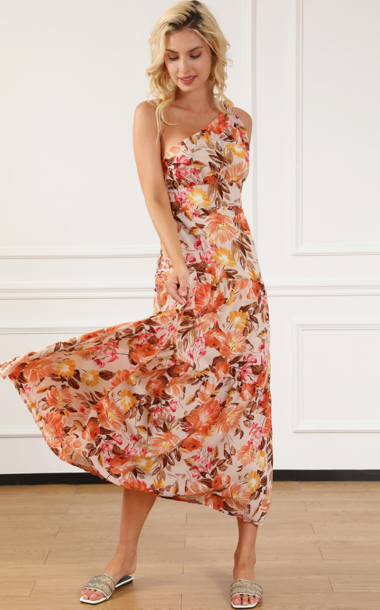 orange floral one shoulder dress Mahli One-Shoulder Cut-Out Maxi Dress Orange