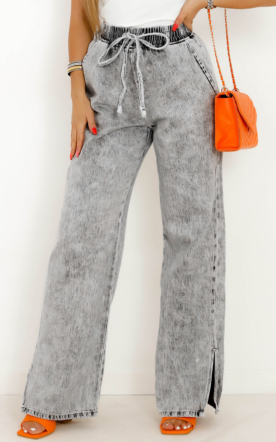 Grey Drawstring Elastic Waist Wide Leg Jeans