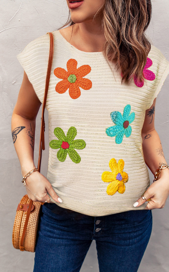 Ivory Flower Crochet Round Neck Knitted Top