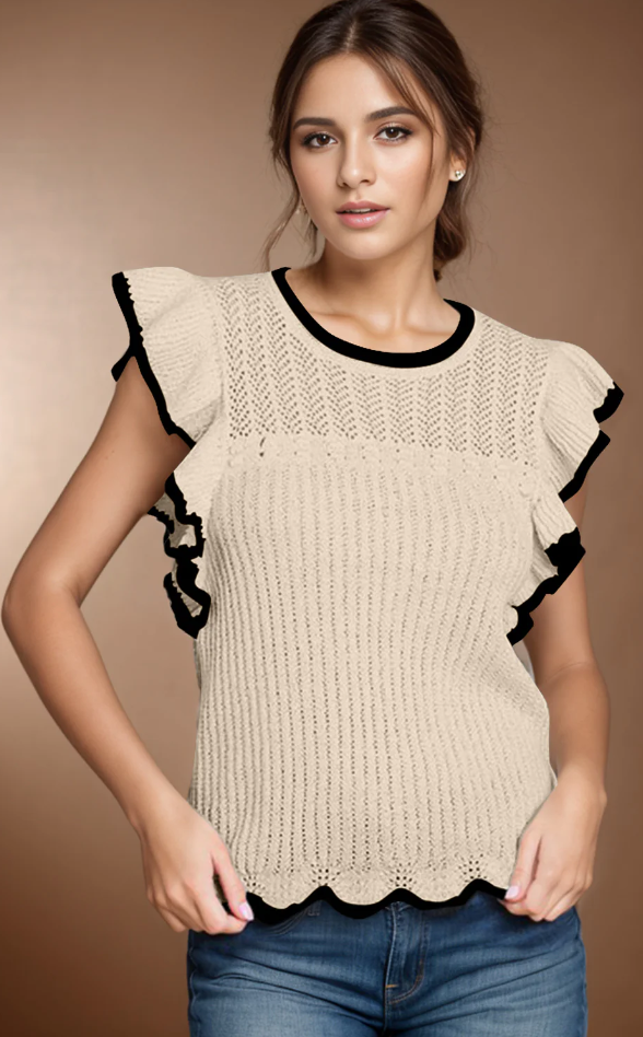 Beigh Crochet Eyelet Flounce Tank Top