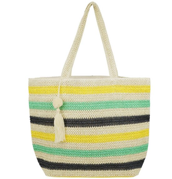 Pom Pom Tassel Multi Color Striped Straw Crochet Tote Bag