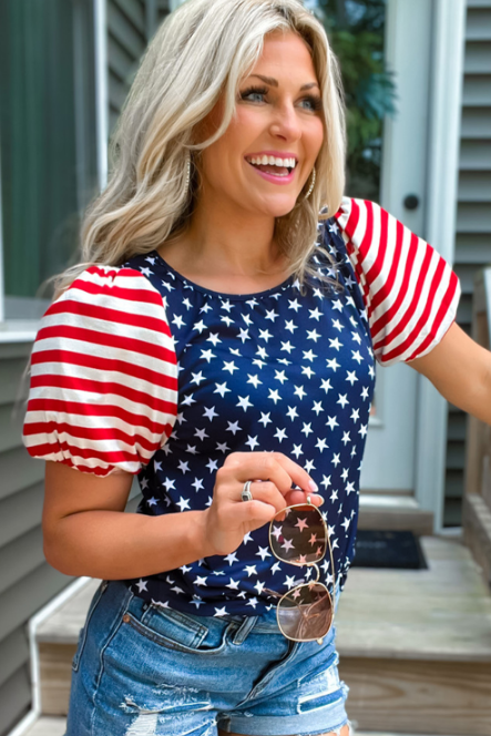 Navy Blue 4th Of July Stars Stripes Puff Sleeve T Shirt