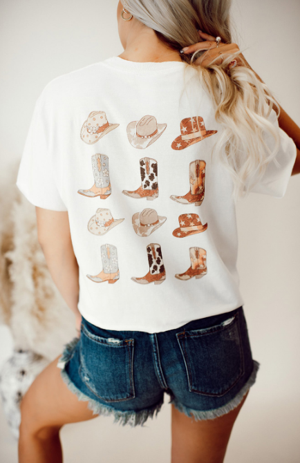 White Double-Side Cowboy Hat & Boots Graphic Tee