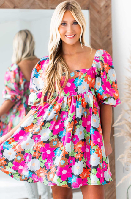 Rose Floral Print Square Neck Short Puff Sleeve Dress