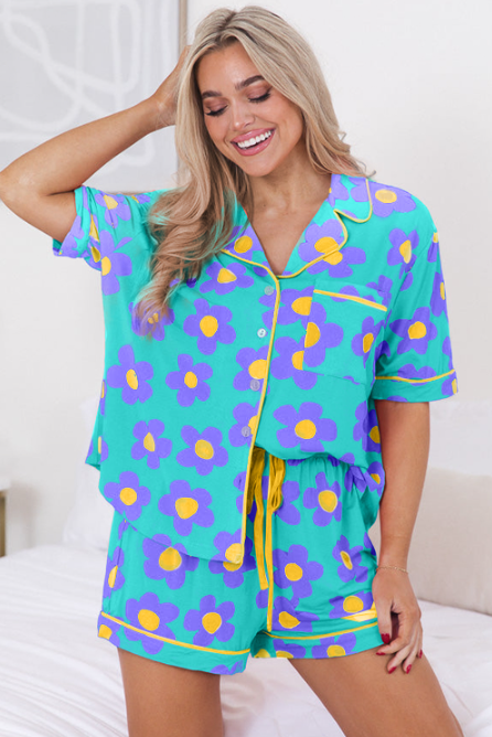 Flower Print Short Sleeve Shirt Pajamas Set