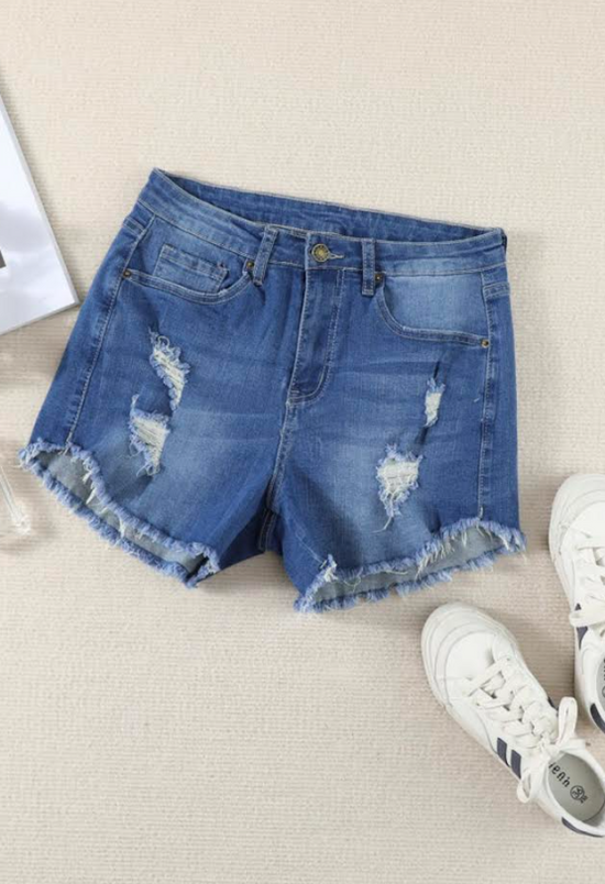 Mid-Rise Blue Light Wash Ripped Denim Shorts