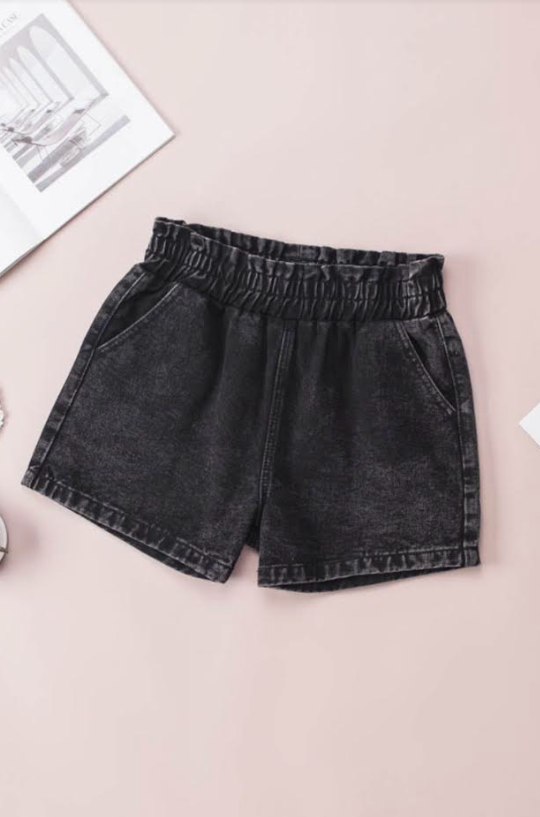 Black Ruffled Elastic High Waist Denim Shorts