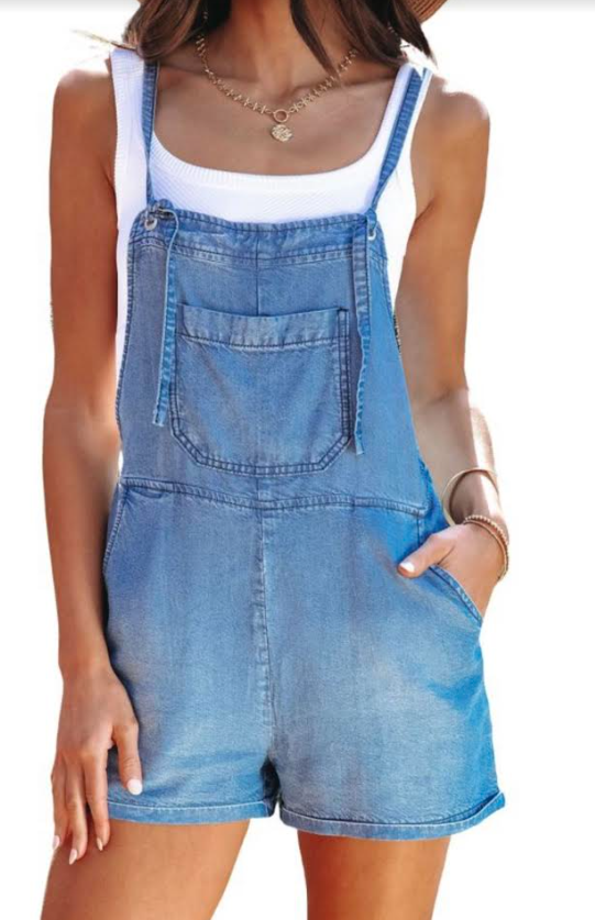 Sky-blue Grommet Tie Straps Casual Denim Romper