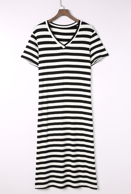 Ivory V Neck White/Black Striped Maxi Dress