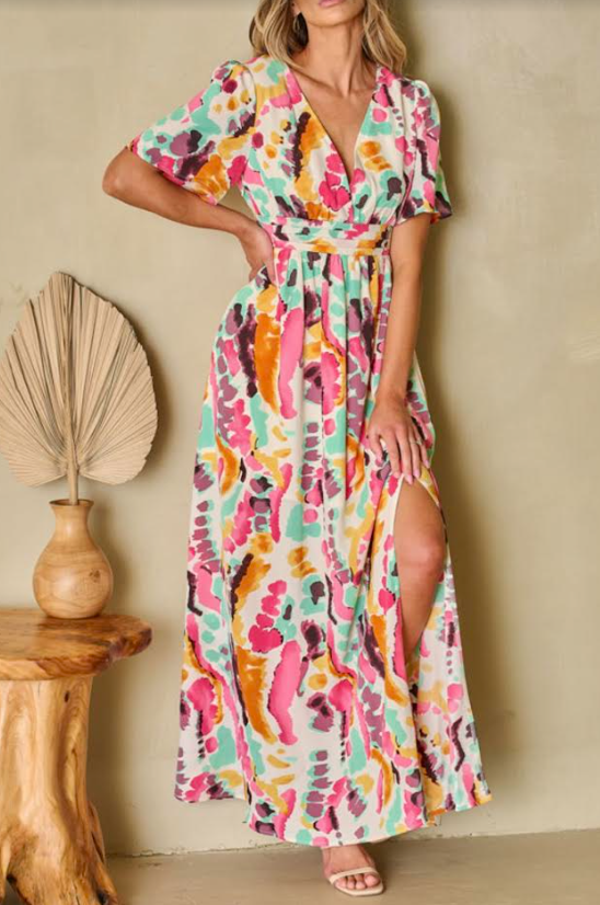 Pink Boho Tie-dye Print V Neck Long Dress with Side Straps