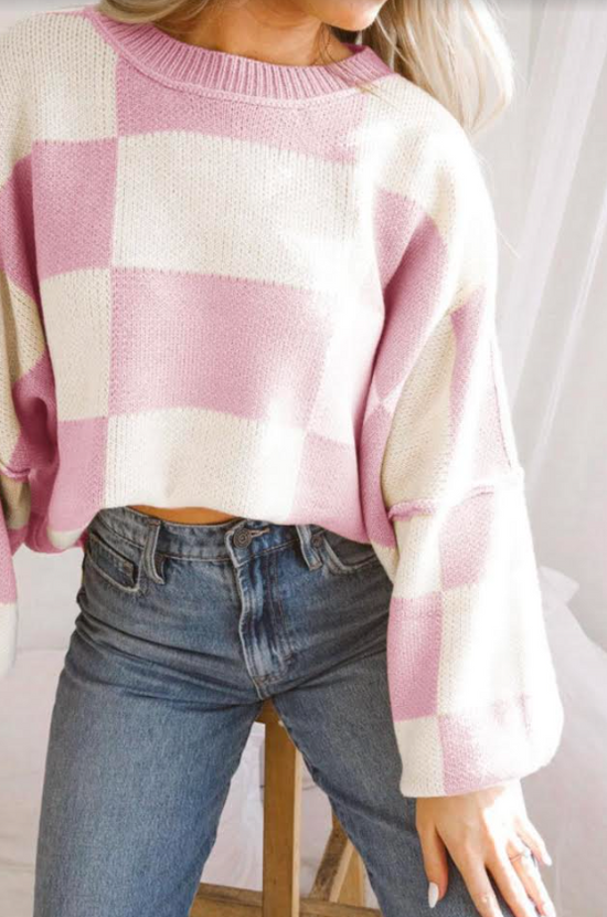 Pink Checkered Bishop Sleeve Sweater