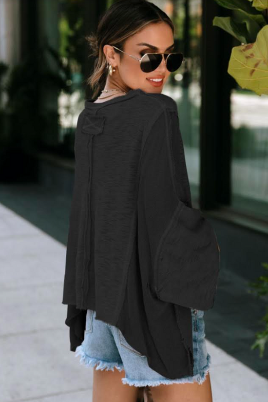 Exposed Seam Chest Pocket Loose Sleeve Oversized Top