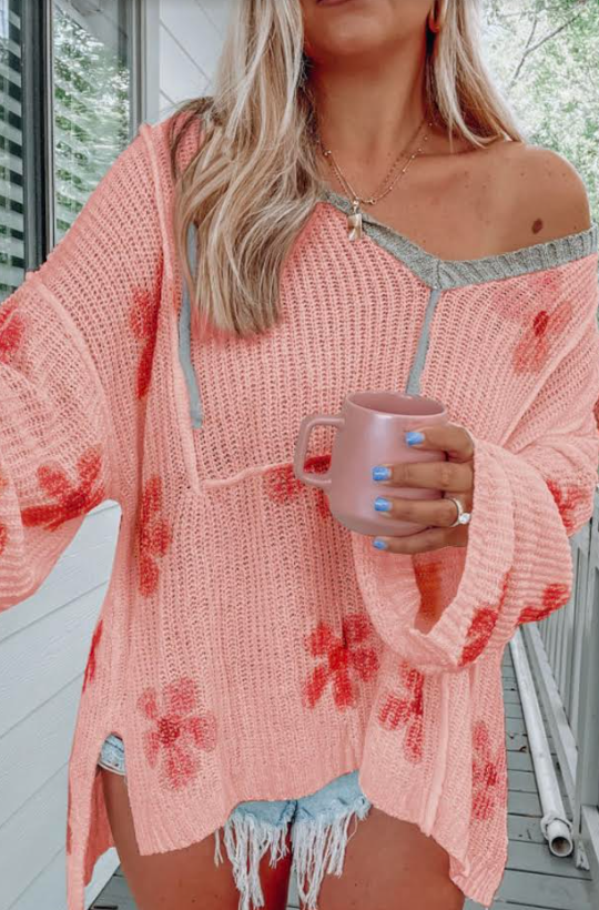 Blush Pink Floral Print Lightweight Knit Hooded Sweater