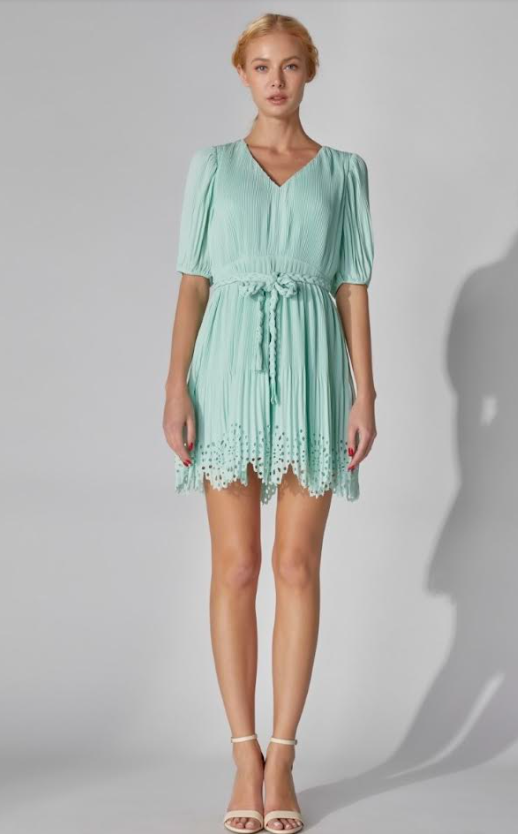 Sage Pleated Mini Dress with Chain Waist Belt