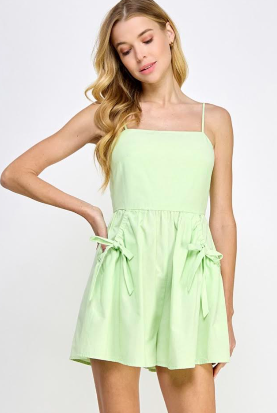 Light Lime Square Neck Bellow Pocket Flowy Romper