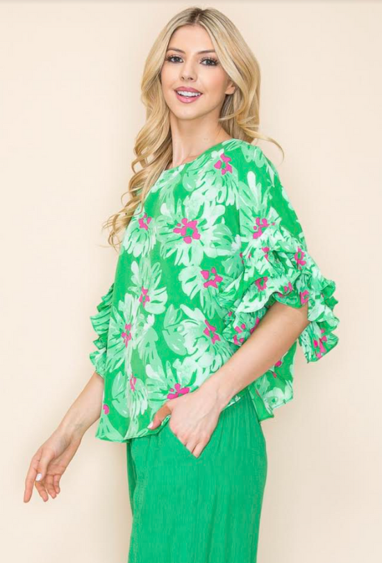 Grass Green Round Neck Ruffled Top with Zip-up.