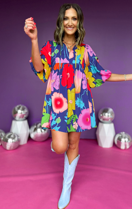 Dark Blue Floral Print Split Neck Babydoll Dress My pink rose Dark Blue Floral Print Split Neck Babydoll Dress My pink rose