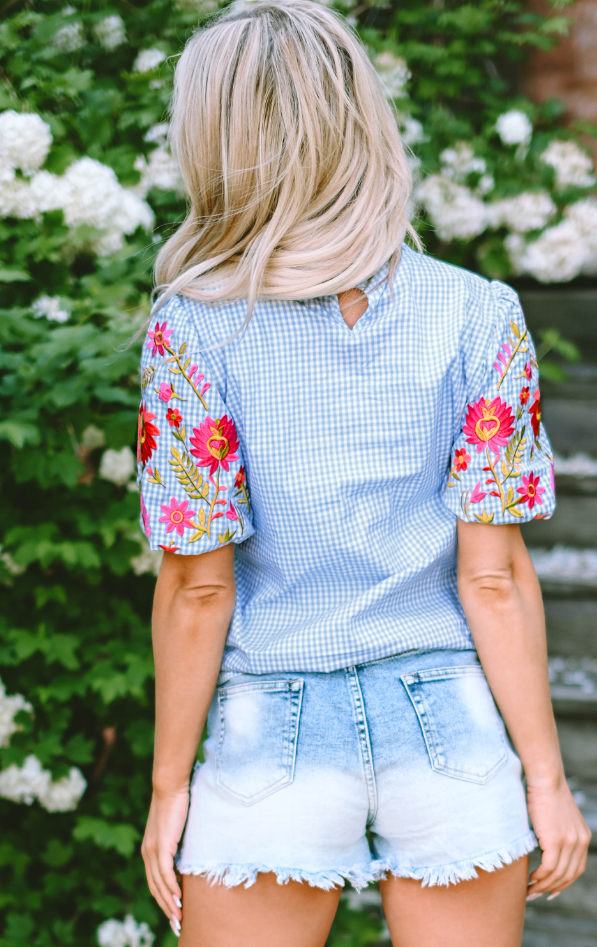 Light Blue Gingham Floral Embroidered Puff Sleeve Blouse