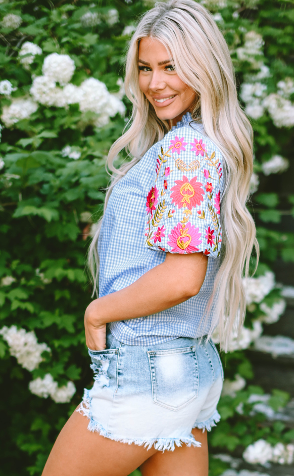 Light Blue Gingham Floral Embroidered Puff Sleeve Blouse