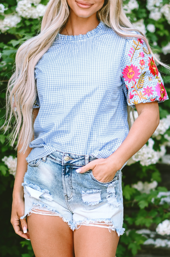 Light Blue Gingham Floral Embroidered Puff Sleeve Blouse