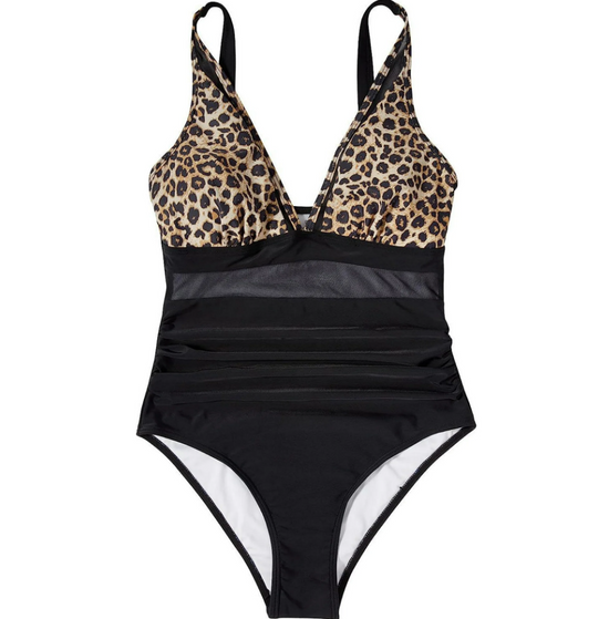 Brown Leopard Mesh Insert V Neck High Waist Monokini