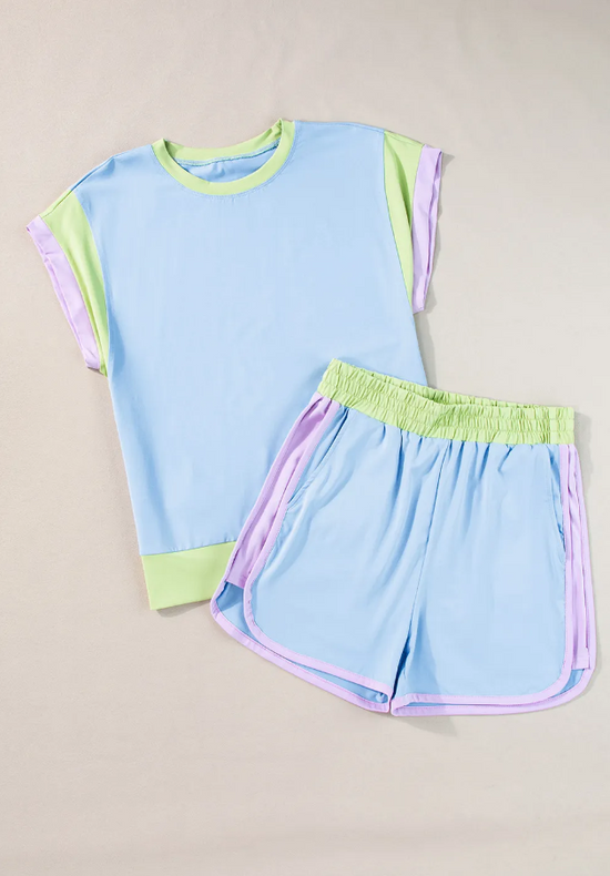 Contrast Trim Cap Sleeve Tee Shorts Set