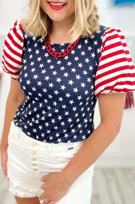 Navy Blue 4th Of July Stars Stripes Puff Sleeve T Shirt