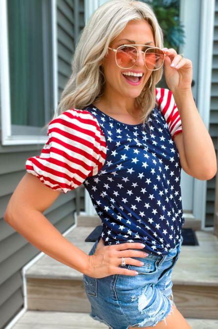 Navy Blue 4th Of July Stars Stripes Puff Sleeve T Shirt