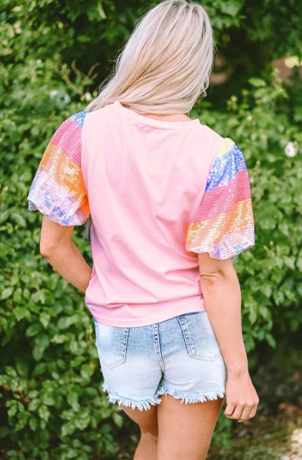 Pink Sequin Colorblock Striped Puff Sleeve Top