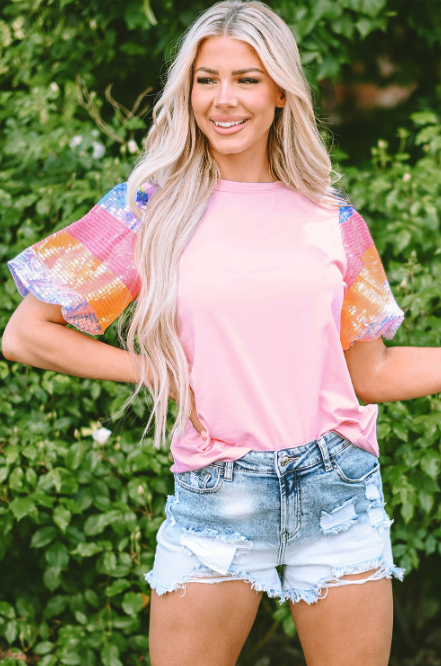 Pink Sequin Colorblock Striped Puff Sleeve Top