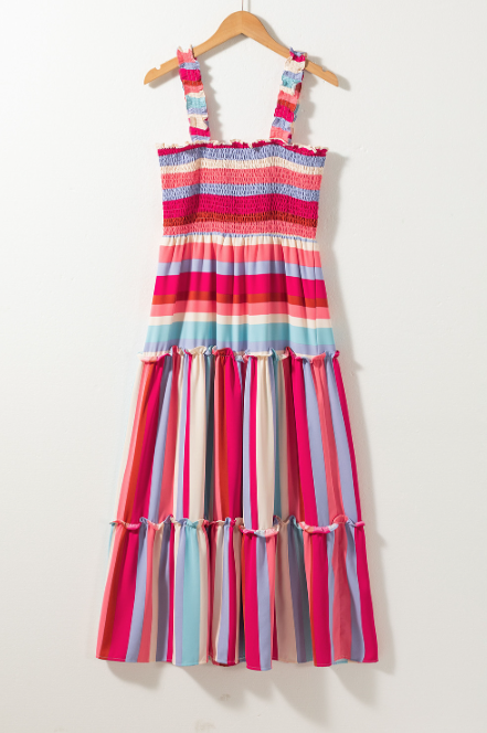 Red Stripe Ruffled Straps Smocked Tiered Long Dress