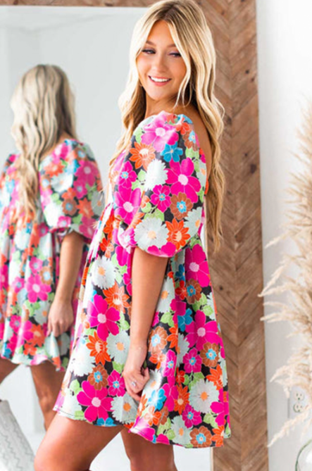 Rose Floral Print Square Neck Short Puff Sleeve Dress