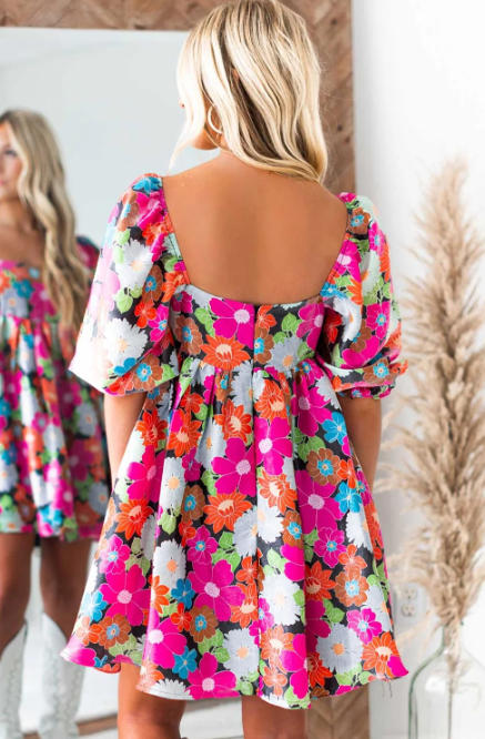 Rose Floral Print Square Neck Short Puff Sleeve Dress