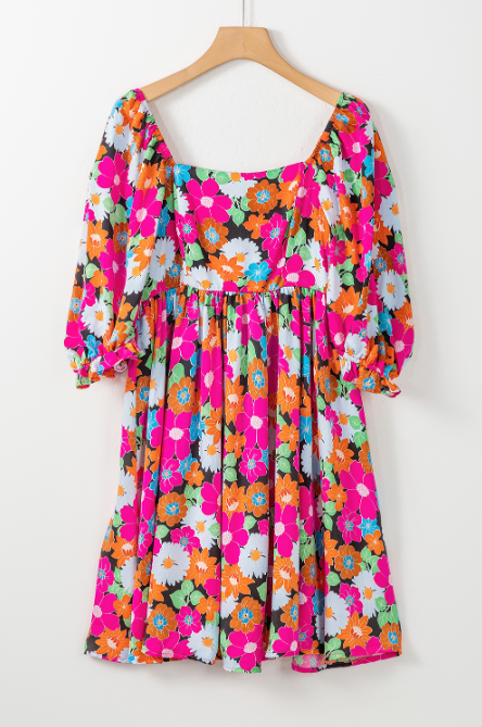 Rose Floral Print Square Neck Short Puff Sleeve Dress