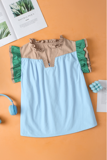 Mist Blue Colorblock Ruffled Sleeve Frill V Neck Blouse