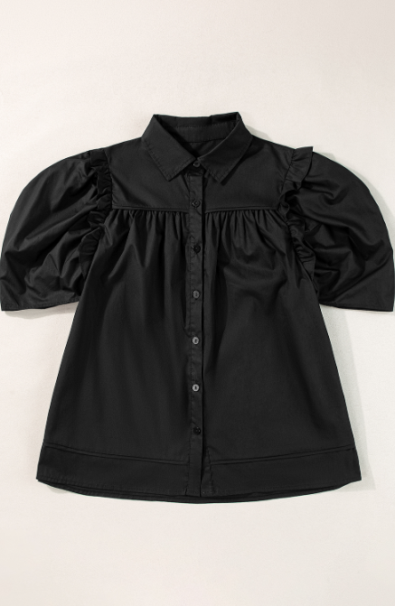 Black Crisp Puff Sleeve Loose Shirt