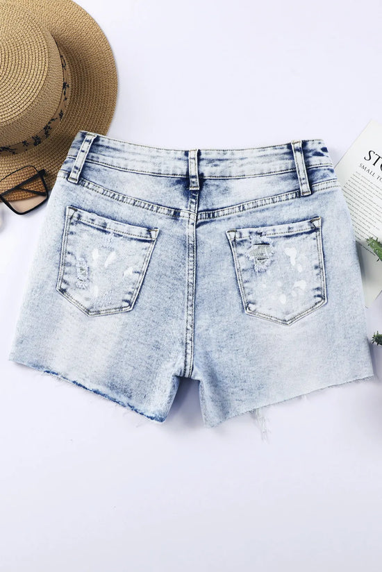 Light Wash Blue with White Paint Splashed Jeans Shorts